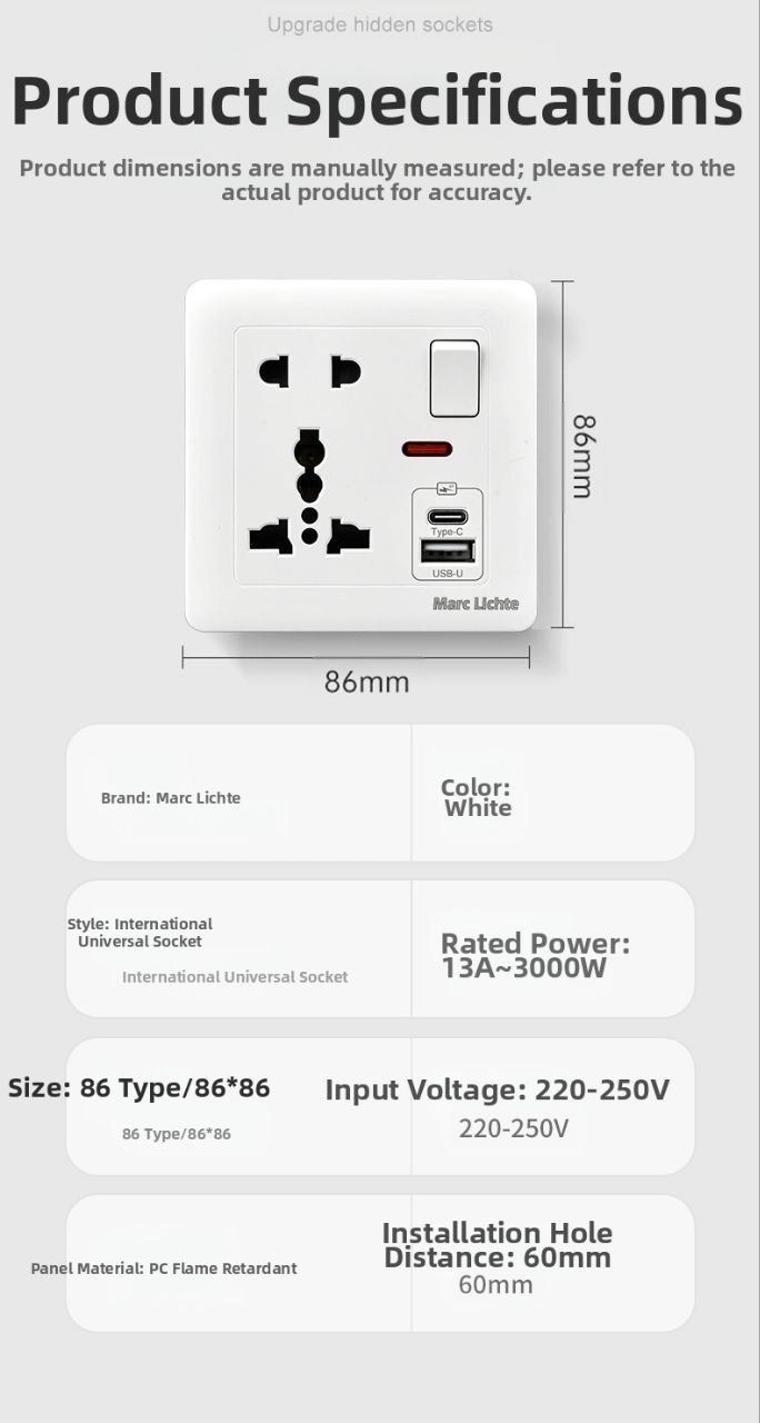 Hong Kong 13A British Standard Three-Hole Socket, Concealed Wall-Mounted, Single Switch Multi-Functional Five-Hole Usb+Type-C Charging